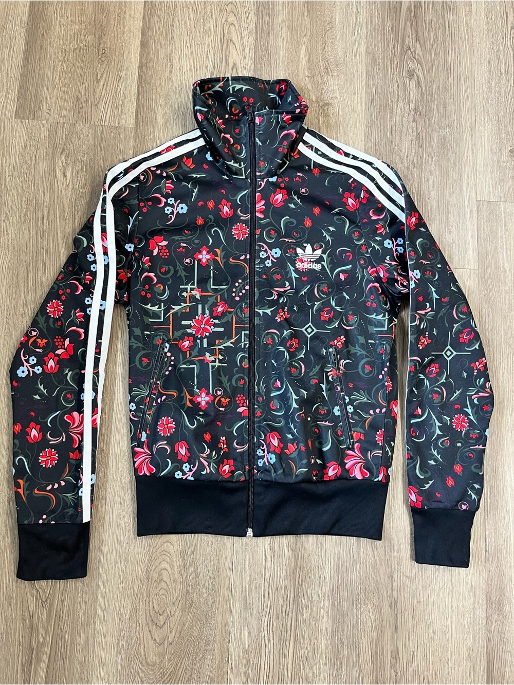 adidas Black Floral Lightweight Track Jacket with White Stripes